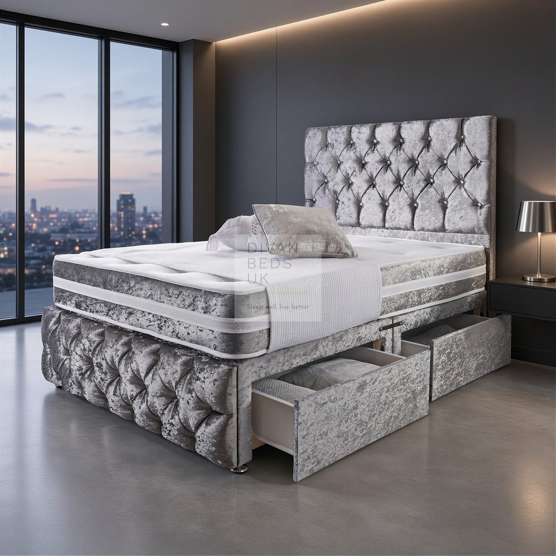 Belmont Silver Crushed Velvet Divan with Airflow Spring Memory Mattress
