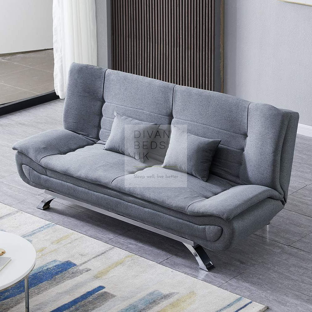 Bryson Grey Linen 3 Seater Sofa Bed with Chrome Legs & Matching Pillows