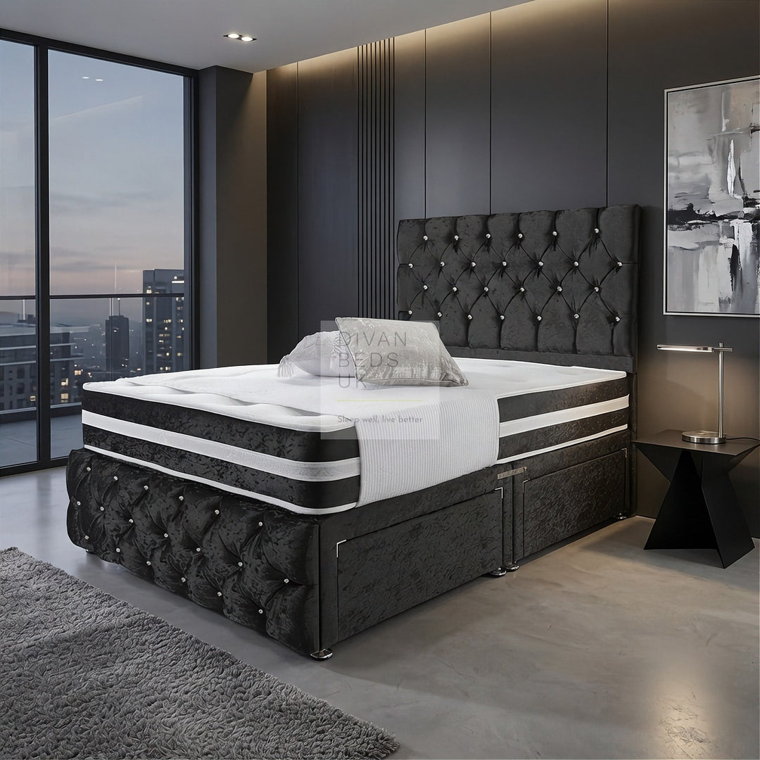 Orlando Black Crushed Velvet Divan with Airflow Spring Memory Mattress