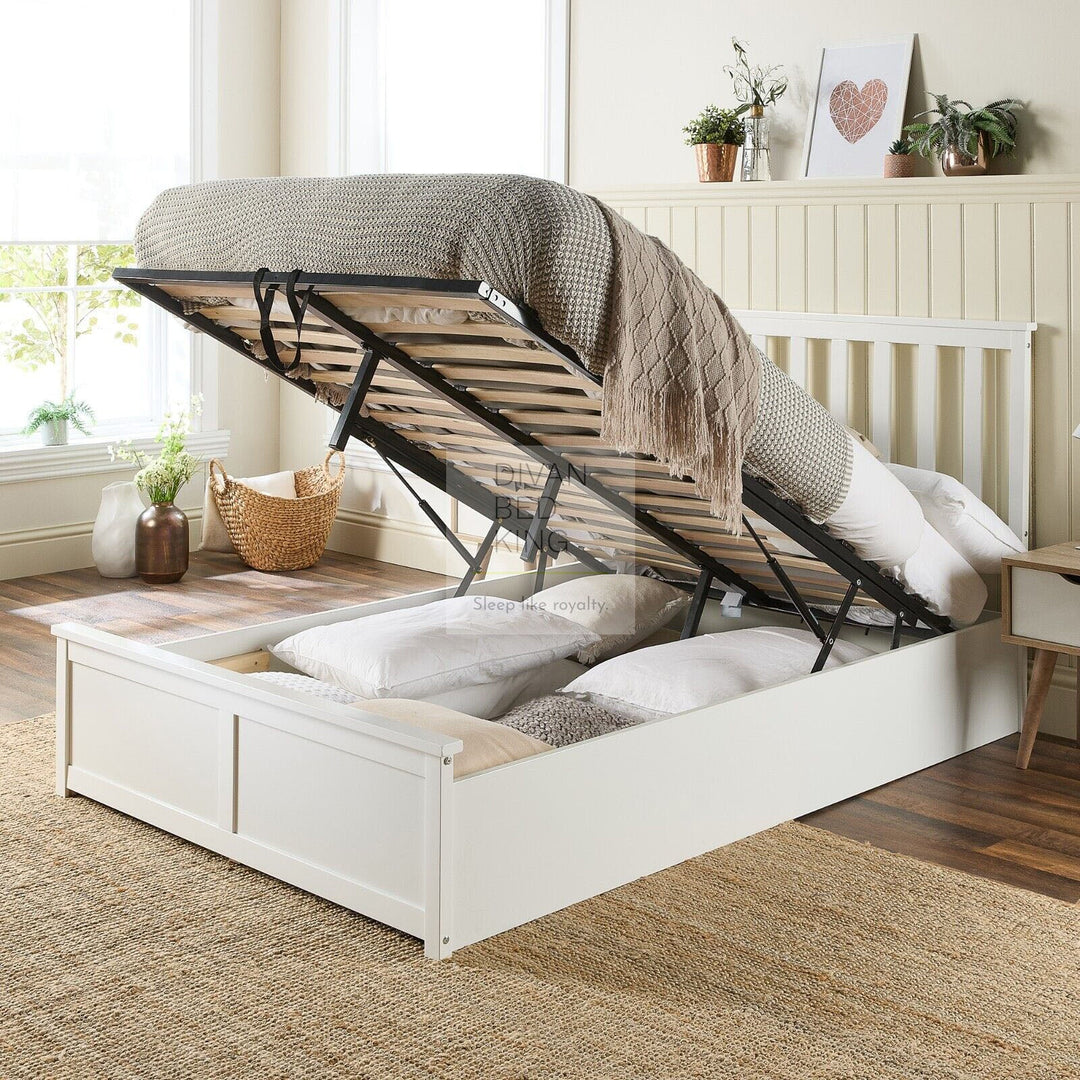 Laycroft White Wooden Ottoman Storage Bed with Headboard