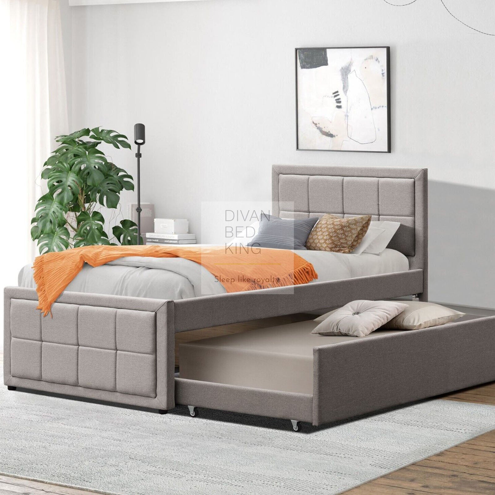 Filston Filston Grey Linen Trundle Guest Bed with Cube Headboard Footboard ...
