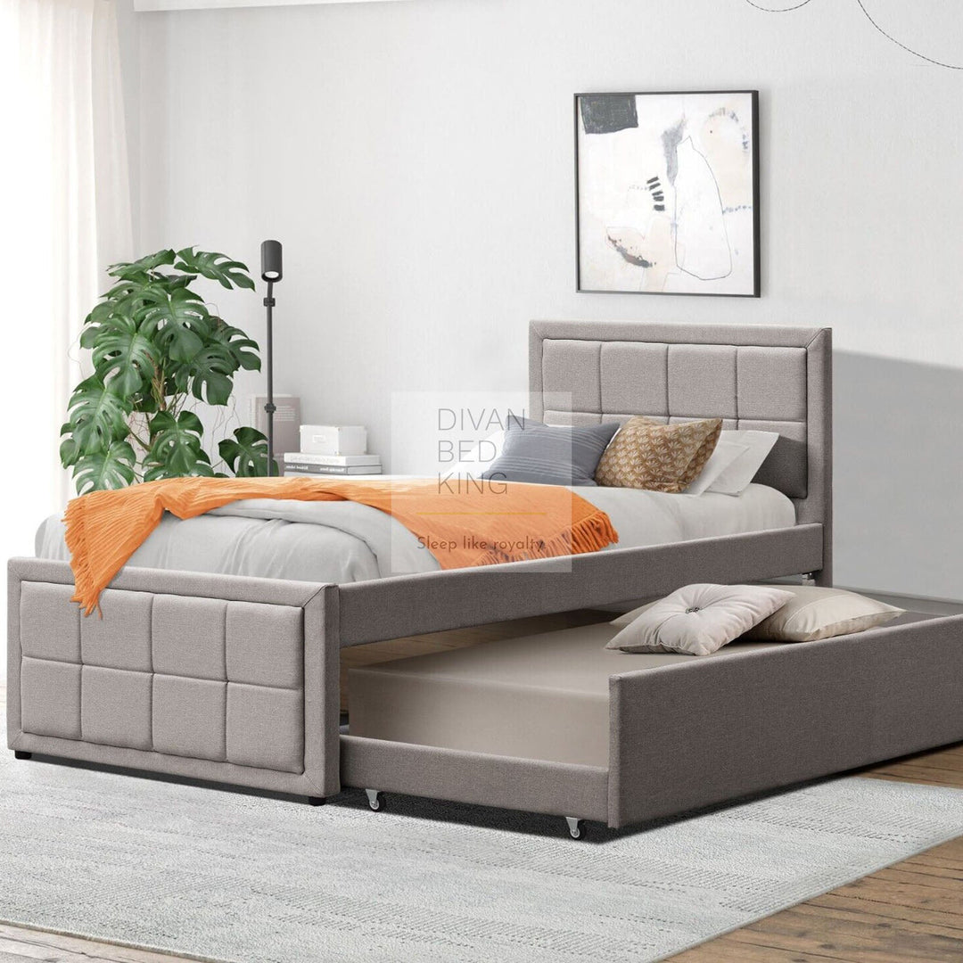 Filston Grey Linen Trundle Guest Bed with Cube Headboard Footboard