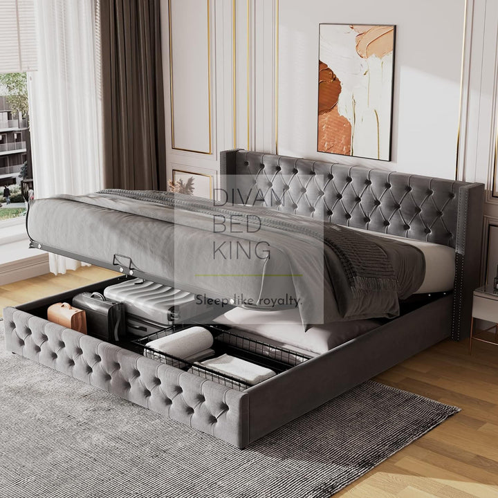 Harlow Grey Plush Velvet Wingback Ottoman Storage Bed Frame