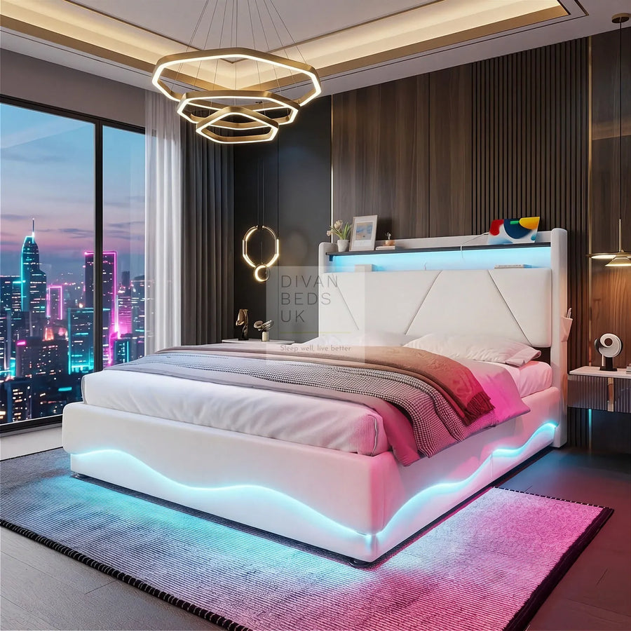 Aviana Wave LED Beige Velvet Ottoman Storage Bed Frame 