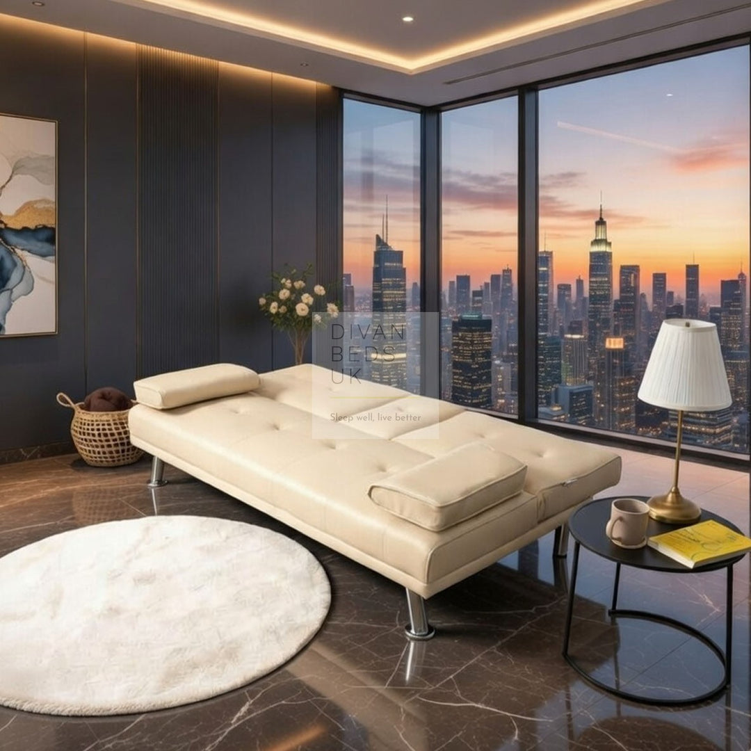 Cadence Cream Leather 2 Seater Sofa Bed with Cup Holders and Matching Pillows