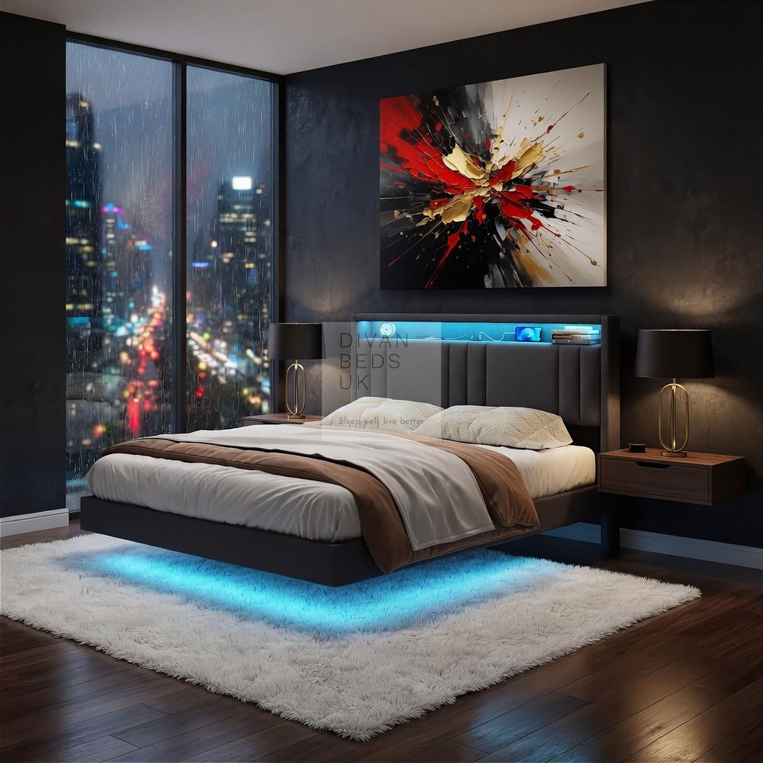 Everleigh Grey Linen Floating Bed Frame with Padded Storage Wing Headboard, LED Lights, USB & Type-C Charging Station