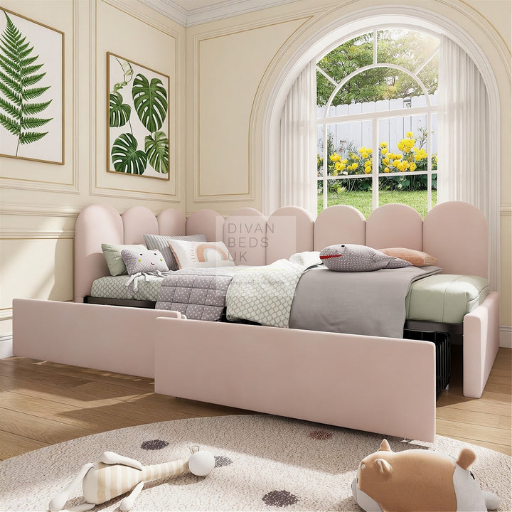 Novara Pink Plush Velvet 2 Drawer Corner 2 Seater Daybed Sofa Bed Couch