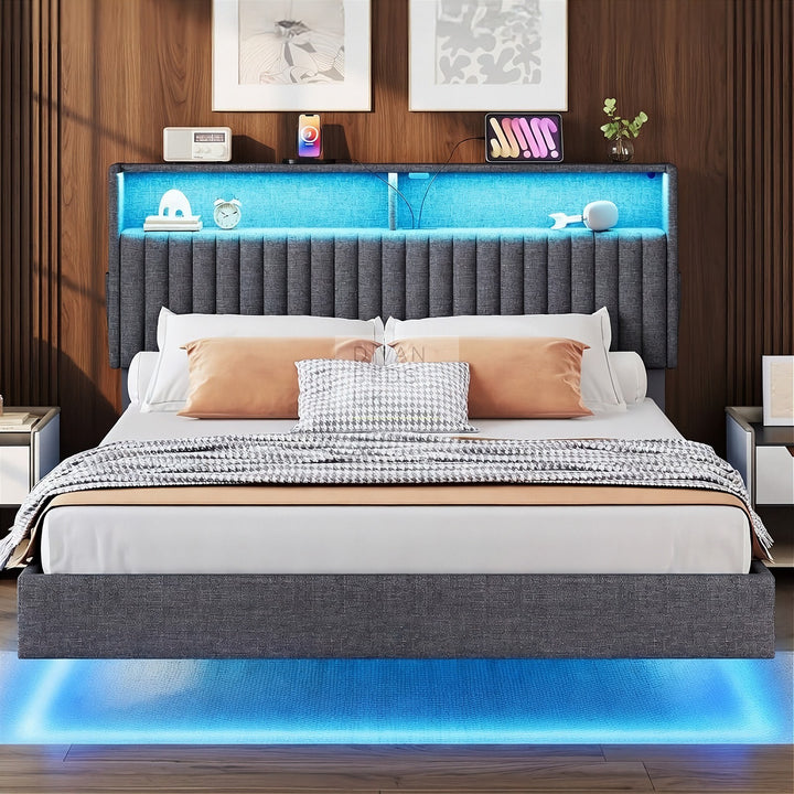 Houston Smart Metal Floating Bed with Grey Linen Padded Storage Headboard, LED Lights, USB & Type C Charging Station