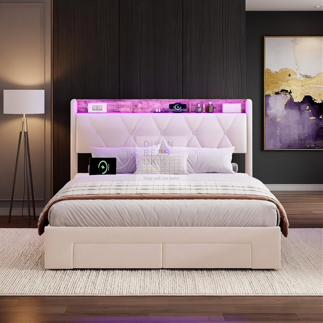 Velasquez Beige Plush Velvet Ottoman Storage Smart Bed with Type C, USB & Socket Charging Headboard Storage Shelves