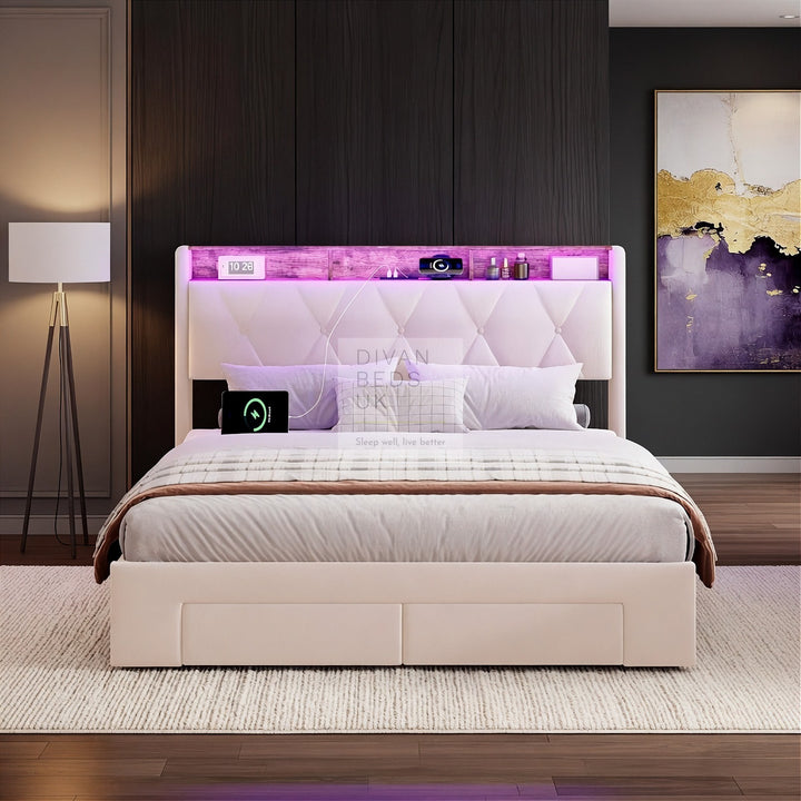 Velasquez Beige Plush Velvet Ottoman Storage Smart Bed with Type C, USB & Socket Charging Headboard Storage Shelves