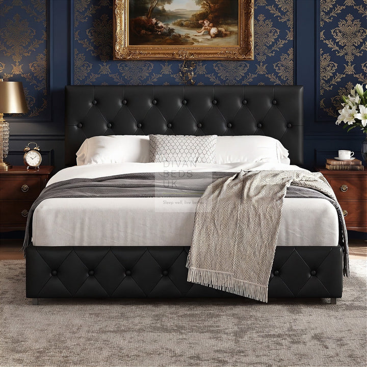 Emma Black Leather 2 Drawer Buttoned Bed Frame
