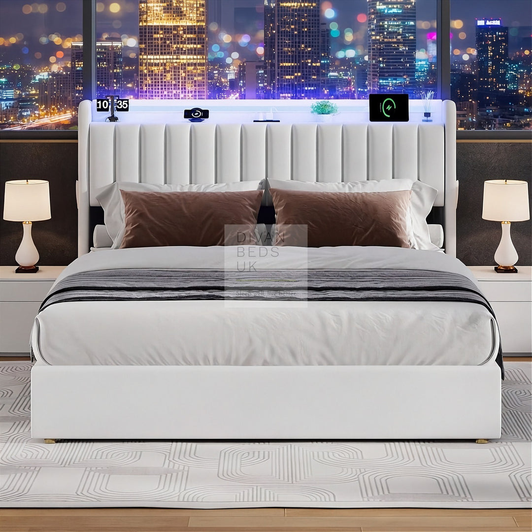 Mauricio White Leather Ottoman Smart Bed with LED Headboard Storage Charging Station, Socket, USB and Type C Port