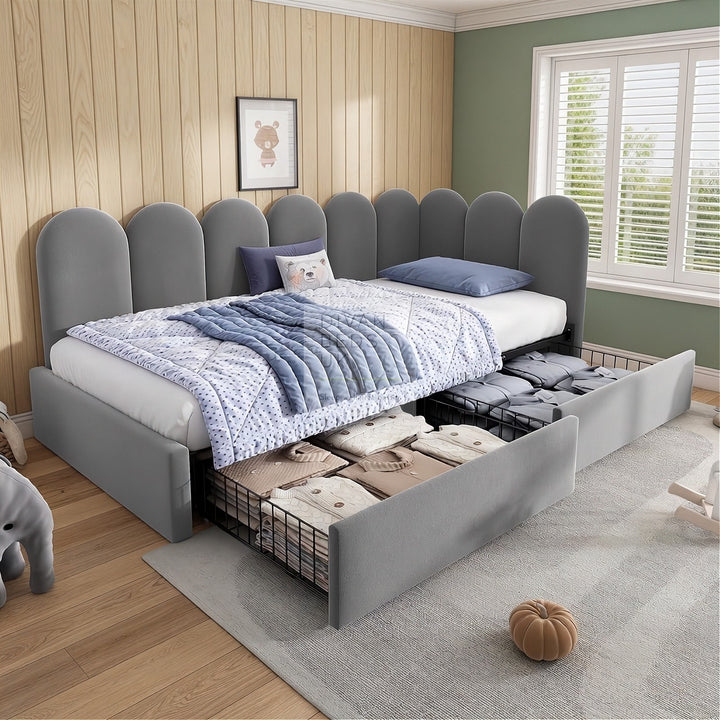 Novara Grey Plush Velvet 2 Drawer Corner 2 Seater Daybed Sofa Bed Couch