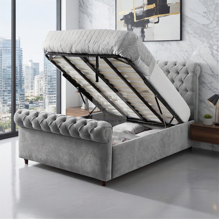 Penelope Upholstered Scroll Sleigh Ottoman Bed Frame
