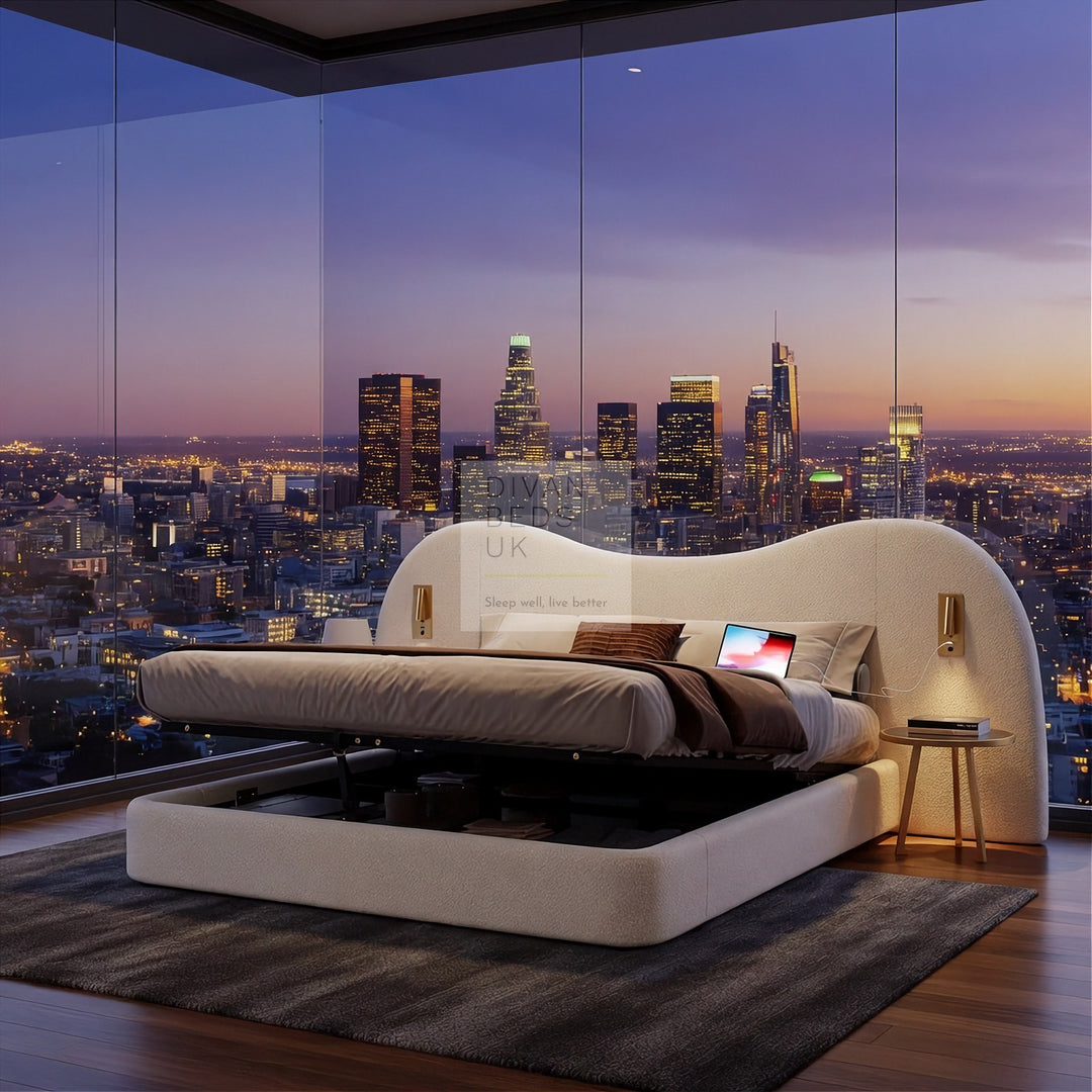 Peralta Oversized Headboard White Boucle Teddy Ottoman Storage Bed with USB Ports and Adjustable Lights