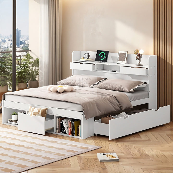Castaneda White Wooden Smart Bed with 4 Drawers, Power Outlets and USB Ports & Shelves