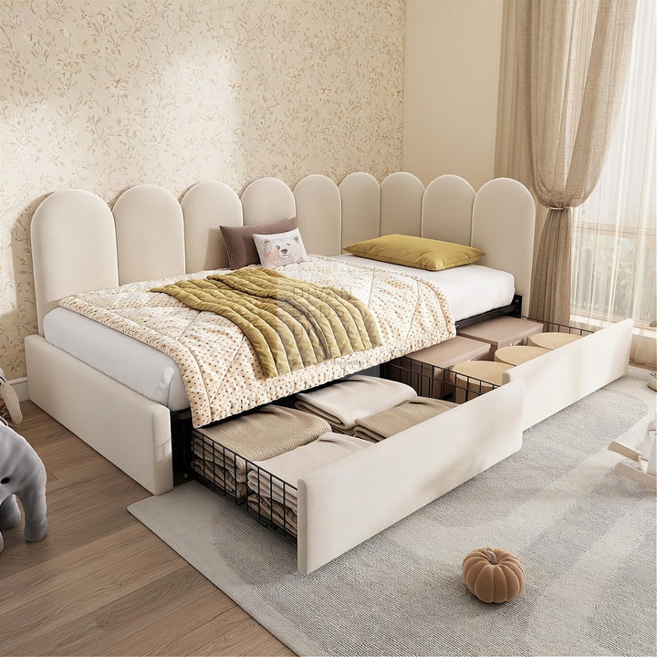 Novara Beige Plush Velvet 2 Drawer Corner 2 Seater Daybed Sofa Bed Couch