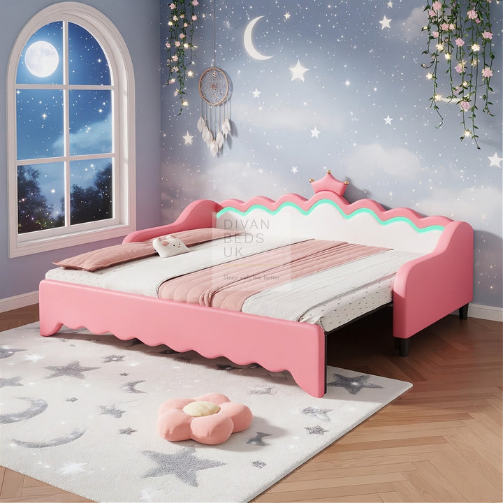 Vivian Pink Leather Girls Smart Sofa Bed with LED Lights & Trundle Daybed Couch