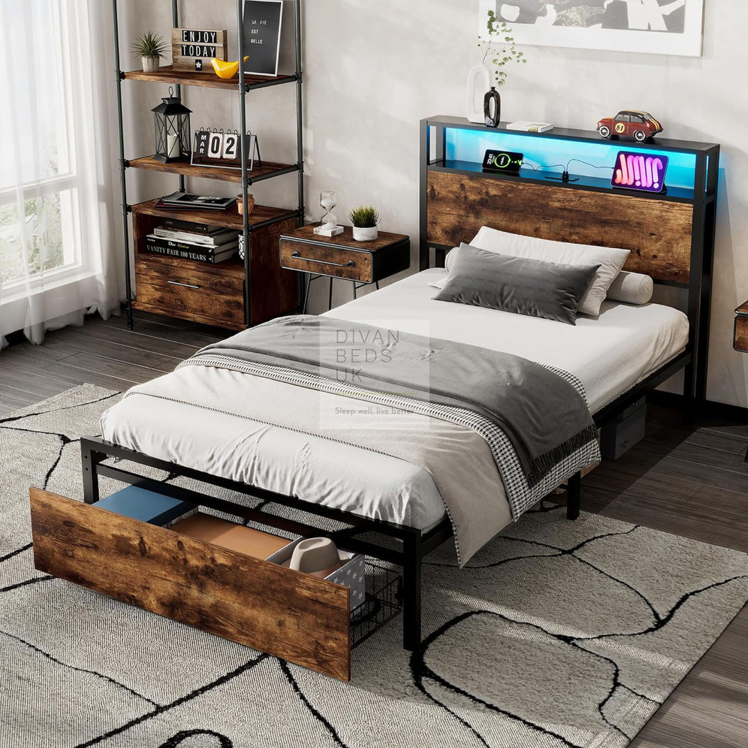 Henry Metal Divan Bed with End Drawers with Smart LED Lights, USB & Type-C Charging Station