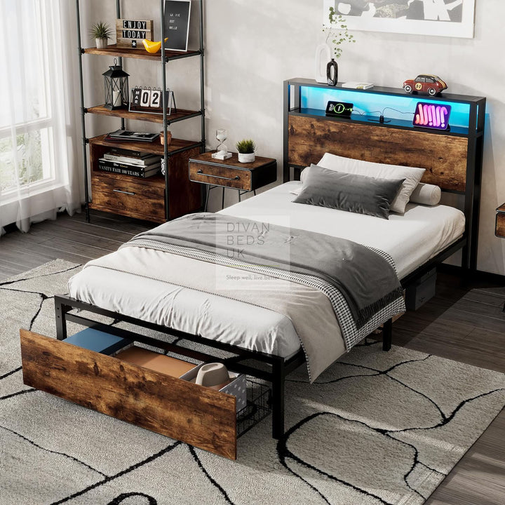 Henry Metal Divan Bed with End Drawers with Smart LED Lights, USB & Type-C Charging Station