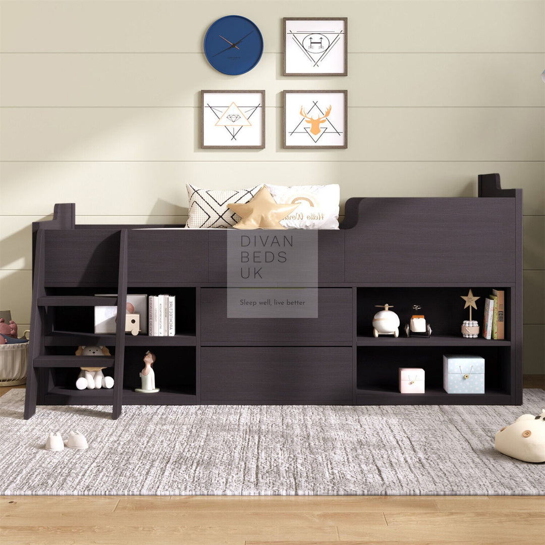 Zenda Black Wooden Cabin Mid Sleeper Bed Storage with Drawers and Shelves