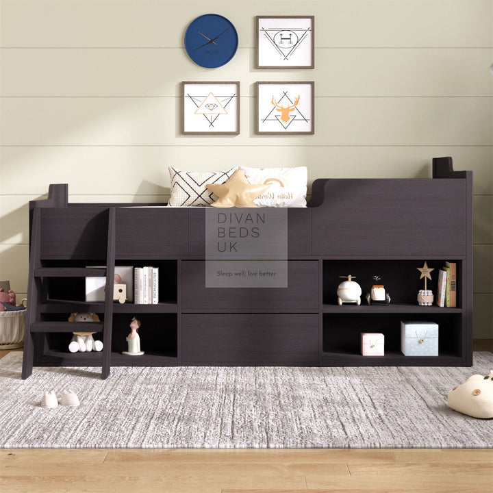 Zenda Black Wooden Cabin Mid Sleeper Bed Storage with Drawers and Shelves
