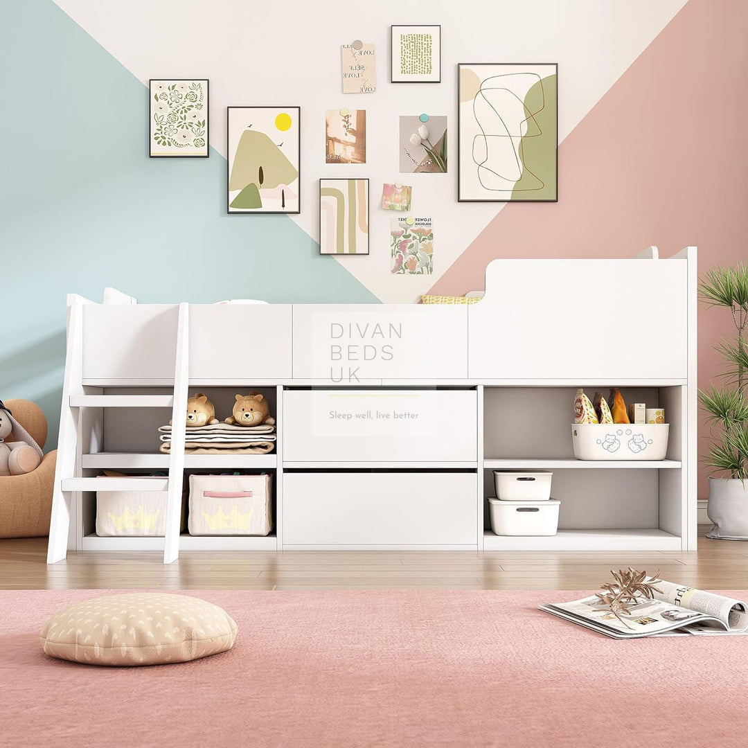 Zenda White Wooden Cabin Mid Sleeper Bed Storage with Drawers and Shelves