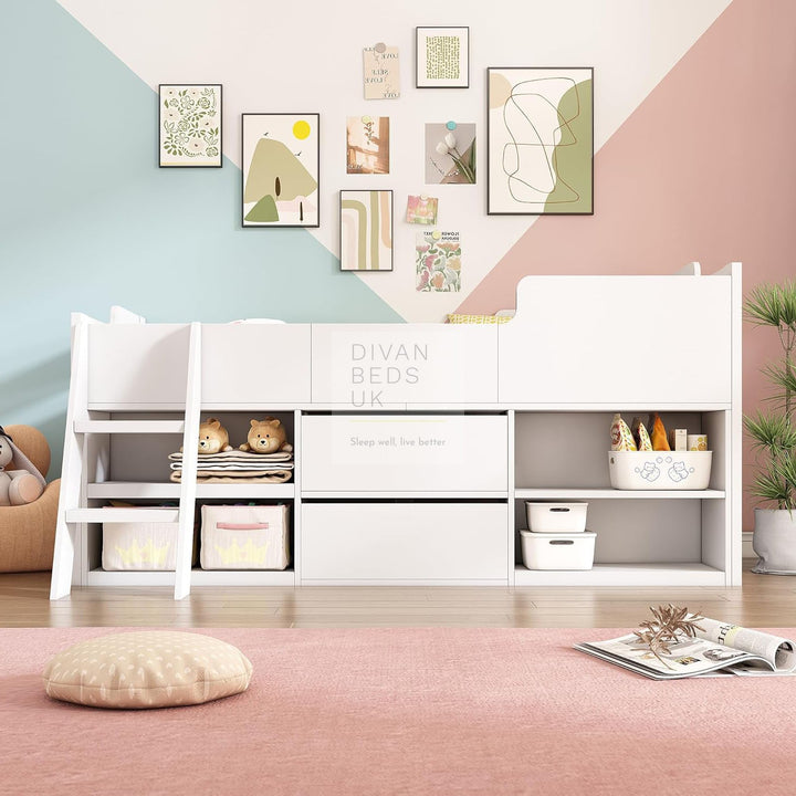 Zenda White Wooden Cabin Mid Sleeper Bed Storage with Drawers and Shelves