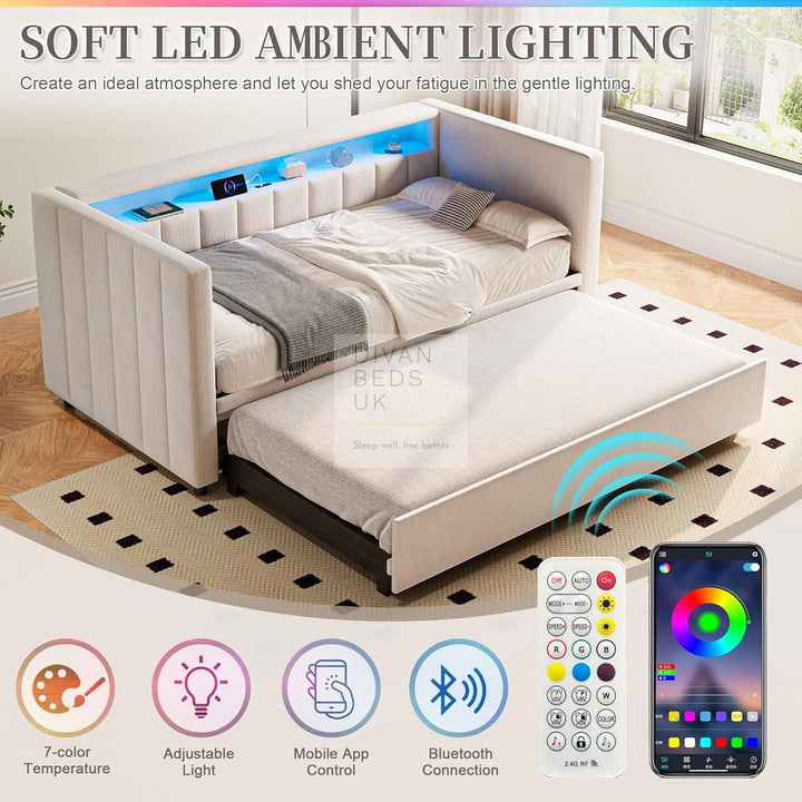Adalynn Beige Plush Velvet Smart Sofa Bed Daybed with Bluetooth LED Lights, Storage, Shelves, USB & Type C Charging & Trundle