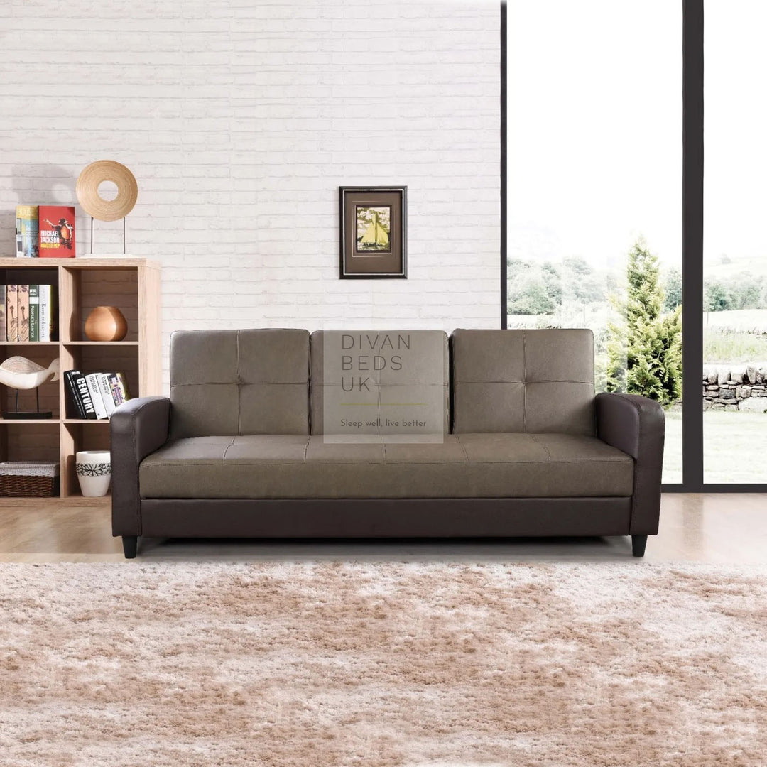 Salazar Ash Grey Brown Leather 3 Seater Sofa Bed with Cup Holders, Armrest and Side Storage Pockets