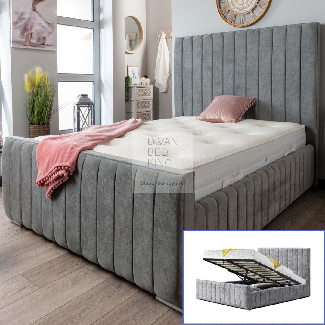 Cathirin Full Panel Grey Velvet Ottoman Storage Sleigh Bed Frame