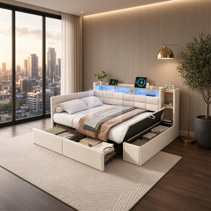 Avayah Beige Linen Smart Daybed Sofa Bed with 2 Drawers, LED Shelves Storage, USB &amp; Type C Charging Station &amp; Storage Box