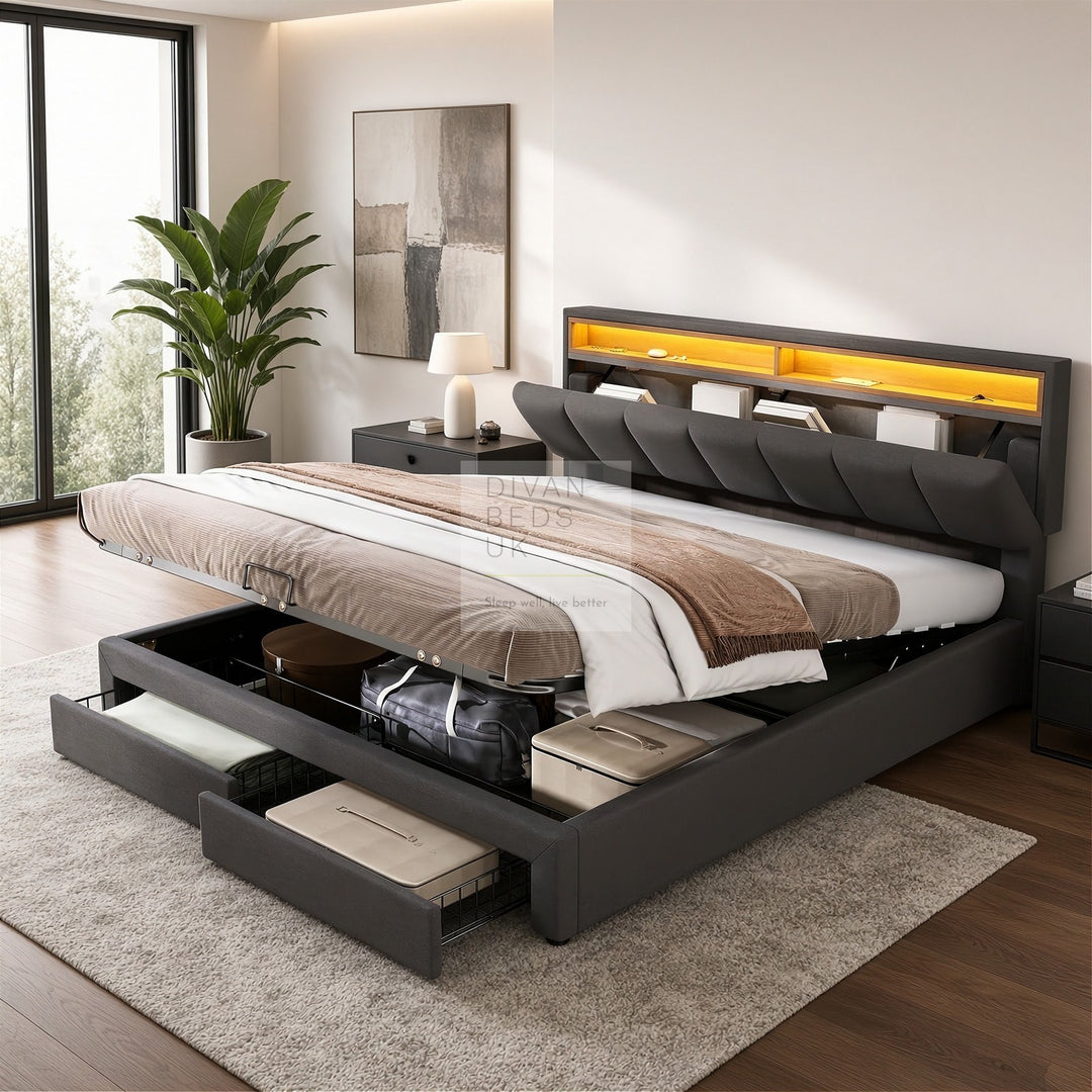 Aarya Charcoal Grey Linen 2 in 1 Drawer Ottoman Storage Bed with LED Lights &amp; Headboard Shelf