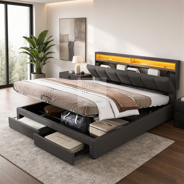 Aarya Charcoal Grey Linen 2 in 1 Drawer Ottoman Storage Bed with LED Lights &amp; Headboard Shelf
