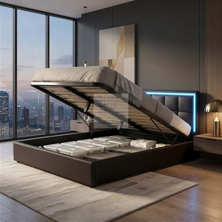 Hiley LED Black Leather Ottoman Gas Lift Storage Bed Frame