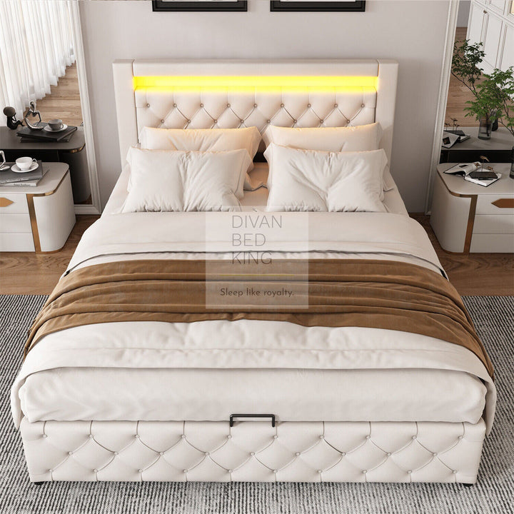 Santiago LED 4ft6 Double White Leather Ottoman Storage Bed