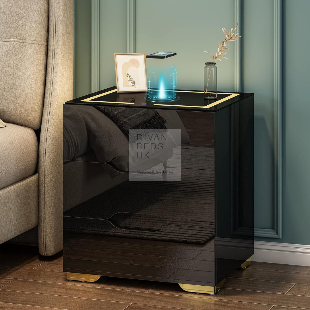 Barrera 3 Drawer Black High Gloss Smart LED Bedside Table with USB and Wireless Charging