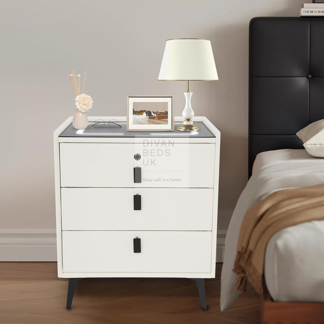 Elara White 3 Drawer Smart LED Bedside Table with Bluetooth Speakers, Fingerprint Lock, USB, Type C and Wireless Charging