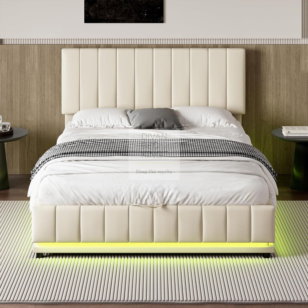 Giuliana Cream Beige Leather LED Ottoman Storage Bed Frame