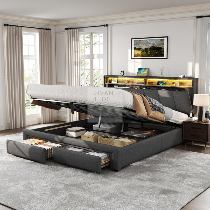 Aarya Charcoal Grey Linen 2 Drawer Ottoman Storage Bed with LED Lights, Type C and USB Charging Headboard Storage Shelf
