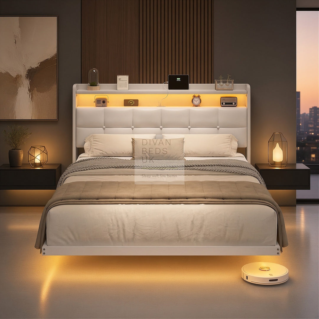 Harleigh Smart Metal Floating Bed with Off-White Padded Storage Headboard, LED Lights, Plug Sockets, USB &amp; Type C Charging Station