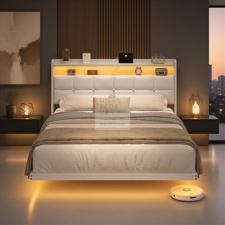 Harleigh Smart Metal Floating Bed with Off-White Padded Storage Headboard, LED Lights, Plug Sockets, USB &amp; Type C Charging Station