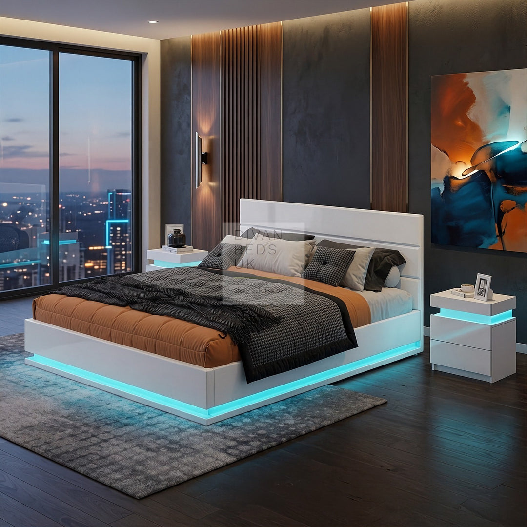 Averie LED White Leather Ottoman Gas Lift Storage Smart Bed