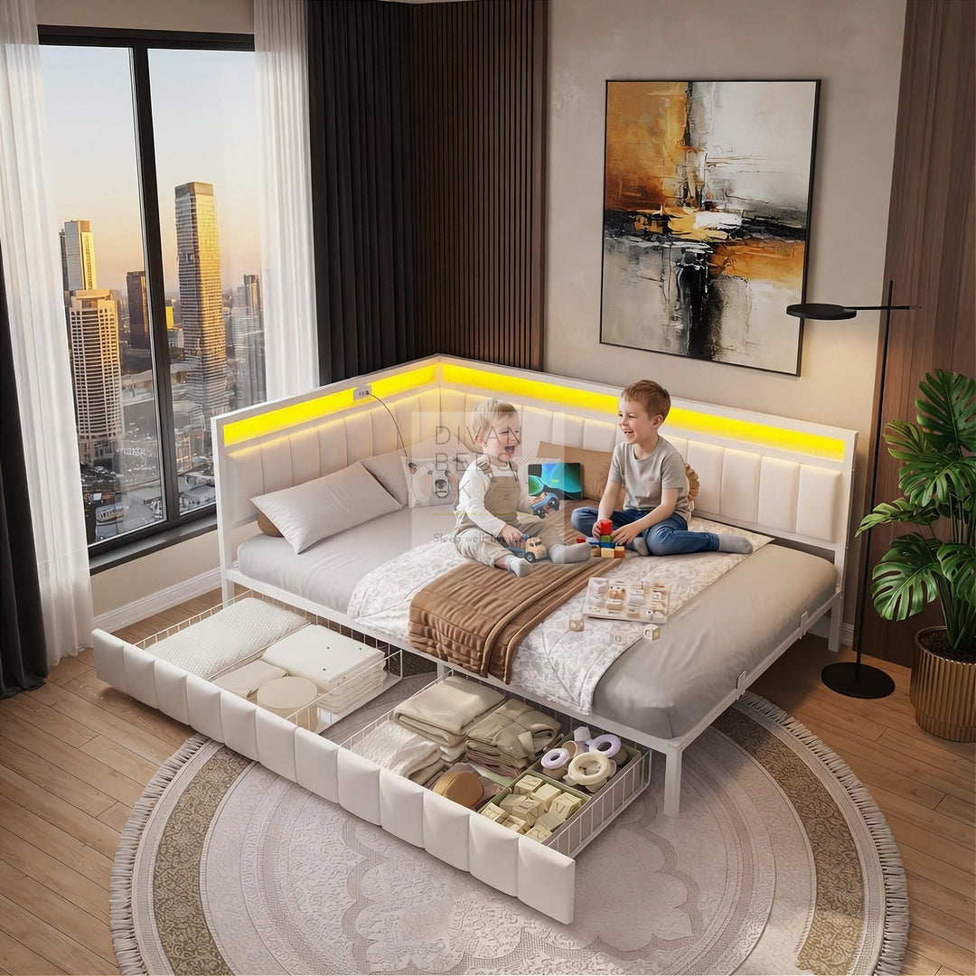 Giavanna Beige Linen 2 Drawer Low Smart Sofa Bed Daybed with LED Lights, USB & Type C Charging Station