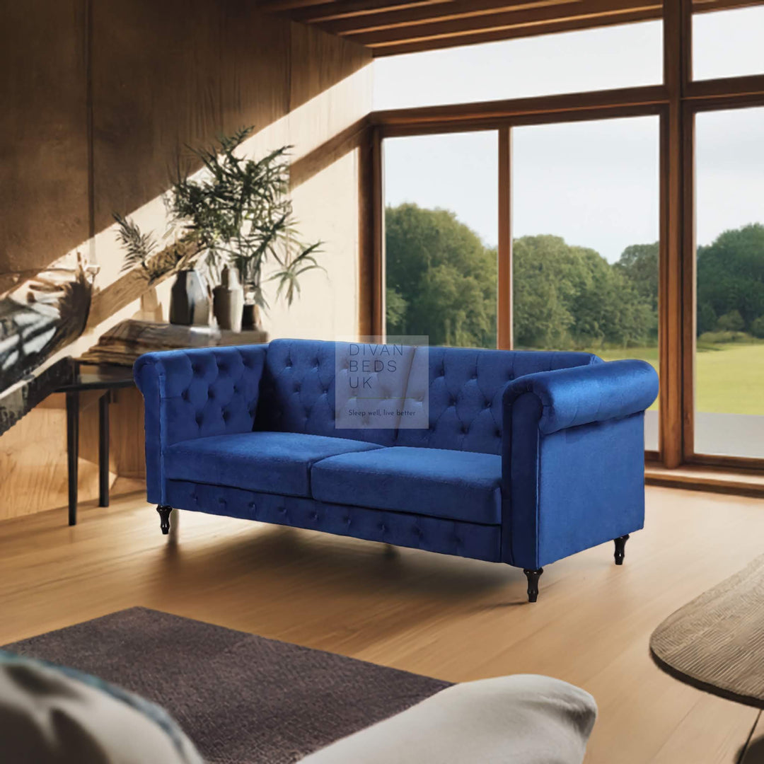 Federico Blue Velvet Convertible 3 Seater Sofa Bed Couch