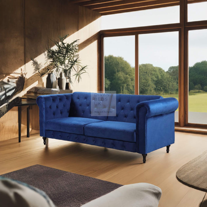 Federico Blue Velvet Convertible 3 Seater Sofa Bed Couch