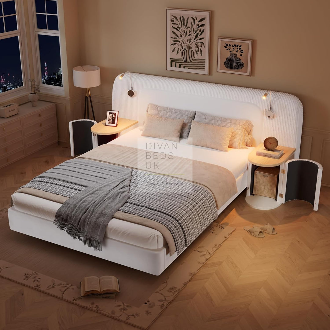 Nuragas Oversized Headboard Beige Velvet Bed Frame with Integrated Lighting & 2 Bedside Tables
