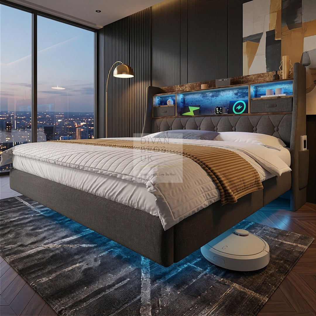 Burton Smart Metal Floating Linen Bed Frame with Grey Padded Storage Headboard, LED Lights, USB, Type C Charging Station
