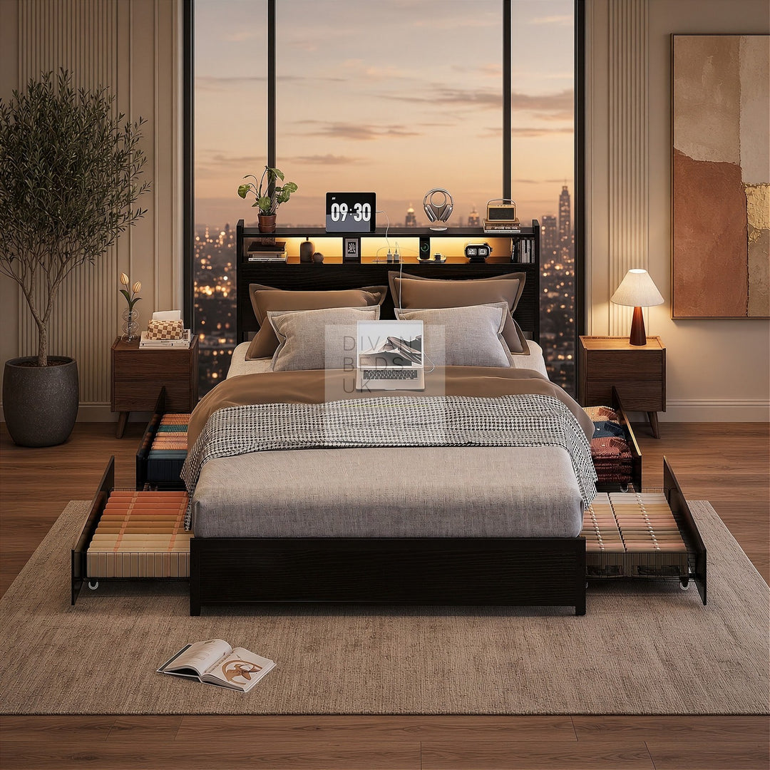 Henry Metal Wooden Hybrid Black Bed with 4 Drawers with Headboard, LED Reading Lights, Sockets, USB, Type C Charging