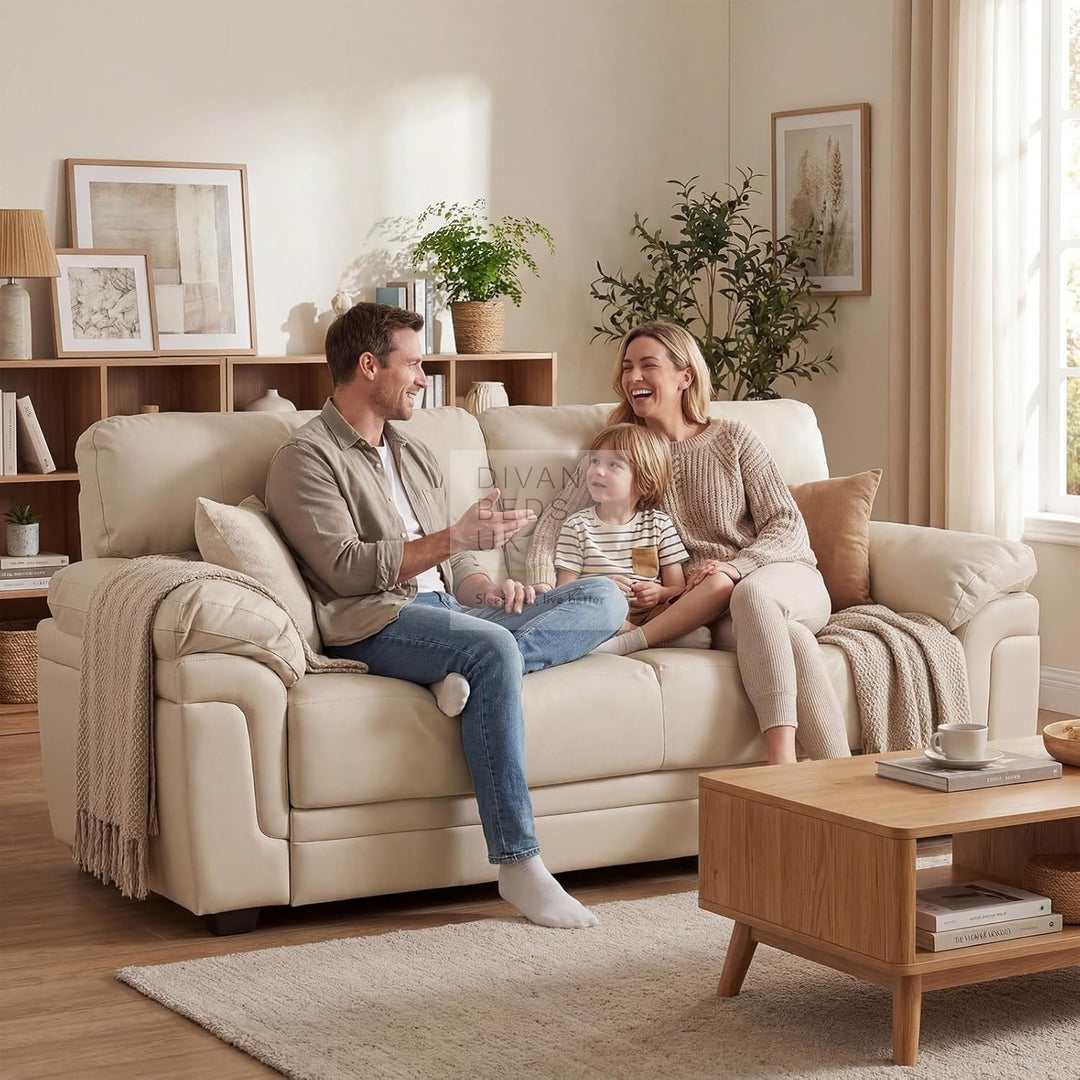 Delgado Luxury Beige Leather Sofa Couch Settee with Pocket Spring & Reflex Foam Support